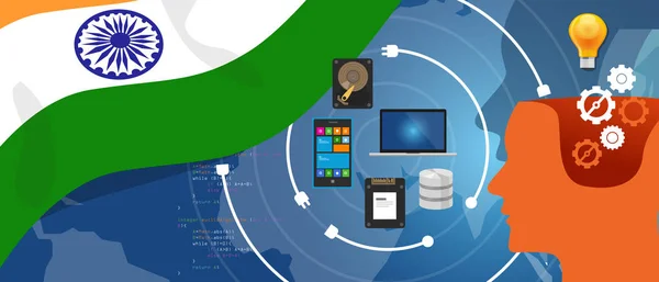 Inde Infrastructure numérique des technologies de l'information connectant les données commerciales via un réseau Internet à l'aide de logiciels une innovation électronique — Image vectorielle