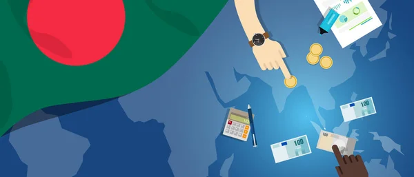 Ilustración de concepto de comercio Bangladesh Daka economía dinero fiscal del presupuesto financiero bancario con mapa bandera y moneda — Vector de stock