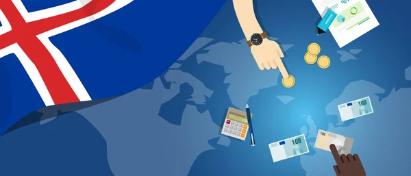 Islande économie fiscalité monnaie commerce concept illustration du budget bancaire financier avec carte du drapeau et monnaie — Image vectorielle