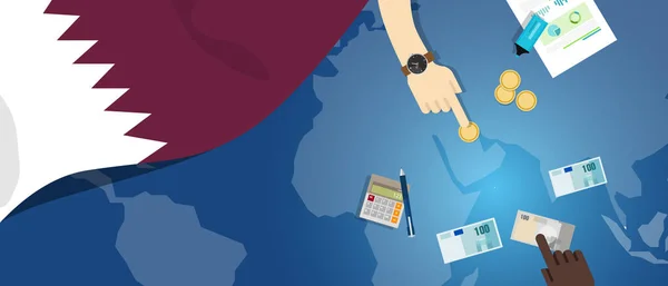 Qatar economía fiscal dinero comercio concepto ilustración del presupuesto de la banca financiera con mapa de la bandera y la moneda — Archivo Imágenes Vectoriales