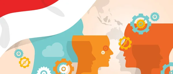 Indonésie concept de penser innovation croissante discuter pays futur cerveau orage sous différents points de vue représentés avec des têtes engrenages et drapeau — Image vectorielle