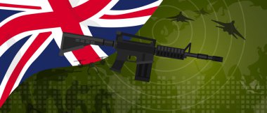 UK United Kingdom England Britain military power army defense industry war and fight country national celebration with gun soldier jet fighter and radar clipart