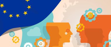 Europe kavram yenilik büyüyen düşünme tartışmak ülke gelecekte beyin fırtınası kafaları Dişliler ve bayrak ile temsil farklı görünümü altında