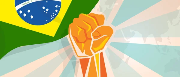 Brasil luta e protesto independência luta rebelião mostrar força simbólica com mão punho ilustração e bandeira — Vetor de Stock