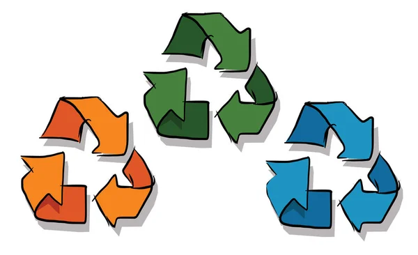 Ícone de reciclagem no esboço de três cores laranja verde e azul —  Vetores de Stock