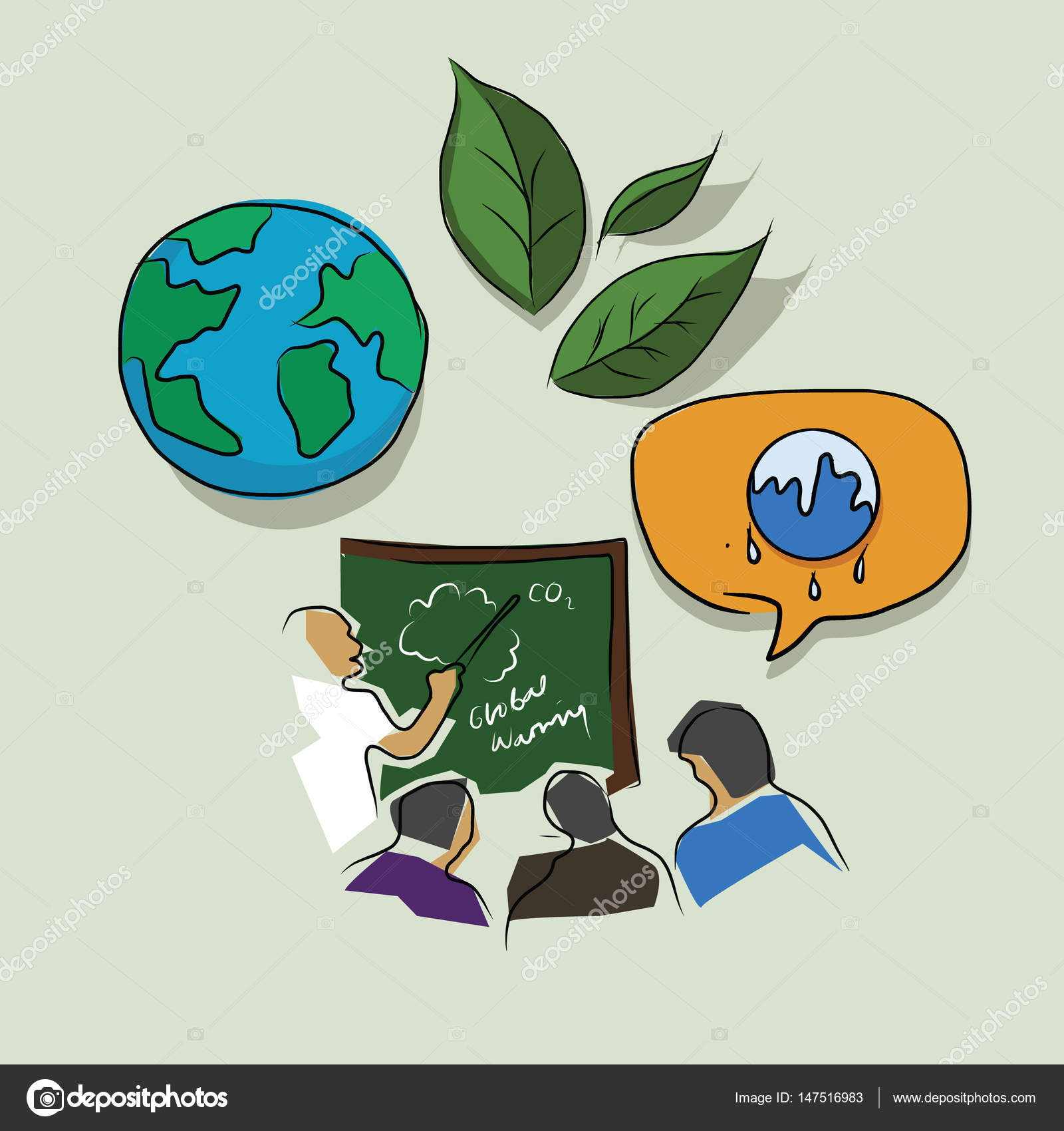 Education and training on global warming eco environment issue green ecology awareness drawing sketch in color