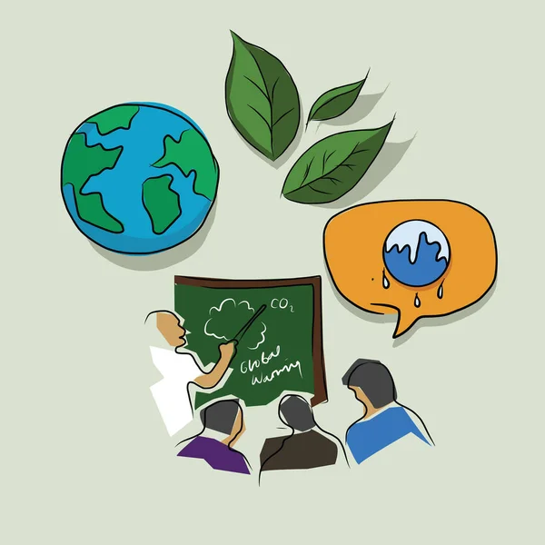 Edukacji i szkolenia na temat globalnego ocieplenia eco środowiska problem zielonej ekologii świadomości rysunek szkic w kolorze — Wektor stockowy