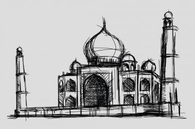 Taj Mahal kroki çizim illüstrasyon, anıt ve Hindistan, İslam'da cami bina turizm