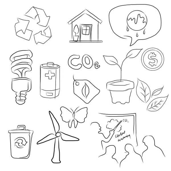 Eco ícone verde conjunto de ambiente em desenho desenho ilustração —  Vetores de Stock