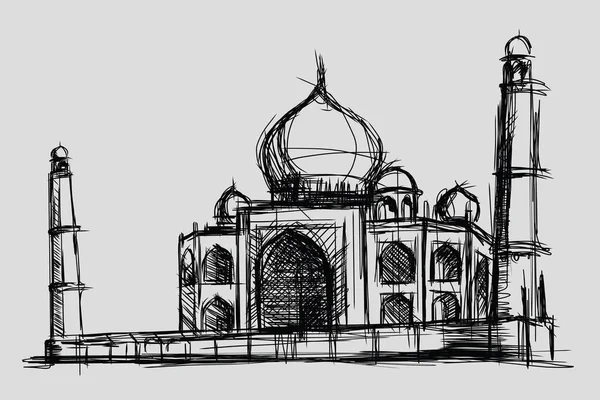 Taj Mahal szkicu rysunku ilustracji, pomnik i turystyka w Indiach, meczet w islamie — Wektor stockowy