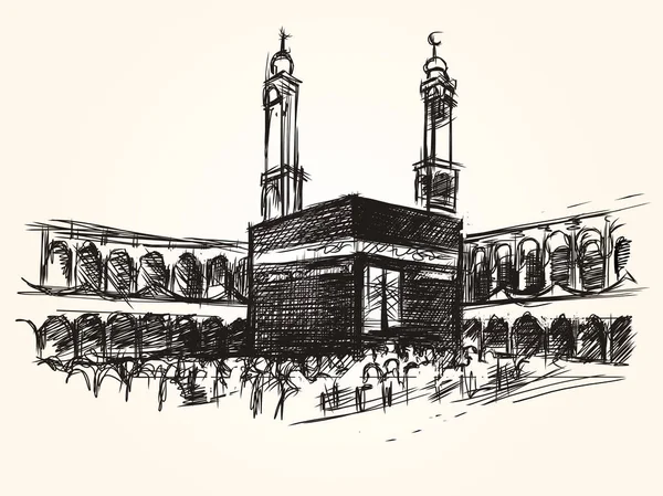 メッカ巡礼巡礼図面をスケッチ カーバ神殿聖なるシンボル的建物イスラム教ベクトルで — ストックベクタ