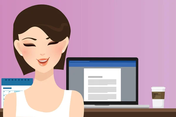 Sonrisa de la mujer delante de la computadora que trabaja en casa de la oficina como ilustración del escritor de la copia de la muchacha feliz hermosa o del estudiante — Vector de stock