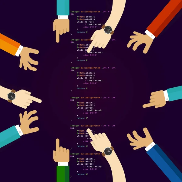 Software de código aberto que codifica o desenvolvimento da programação junto. muitas mãos trabalhando juntas. conceito de colaboração e participação no trabalho em equipa —  Vetores de Stock