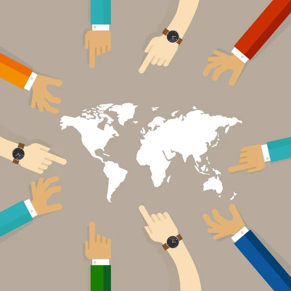 Världen karta grupp händerna pekar tillsammans begreppet temwork samarbete internationella relation mellan länder — Stock vektor