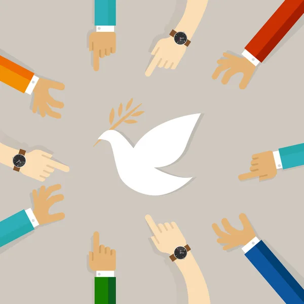 Barış çakışma çözünürlüğü sembolü birlikte beyaz güvercin uçmaya uluslararası çalışmalar — Stok Vektör