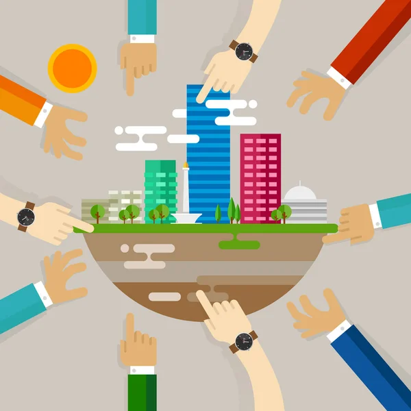 Stadens utveckling människor engagerande aktiviteter byggnad i Jakarta Indonesien stadsbilden planering utveckling tillväxt — Stock vektor