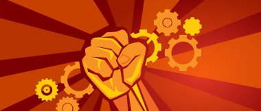 işçi grev gösteri dişli çarkları ve el yumruk simgesi kırmızı devrim propaganda tarzı sosyalizm komünizm emeğin