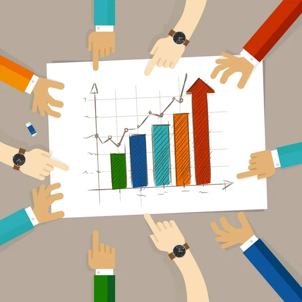 Gráfico de barras aumentar o trabalho da equipe no papel olhando para desenho à mão conceito de negócios de planejamento mãos apontando grupo de colaboração no escritório —  Vetores de Stock