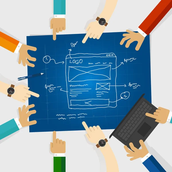 Interface utilisateur ou interface utilisateur et UX ou équipe de conception de l'expérience utilisateur travaillent sur le site Web wireframe en version imprimée — Image vectorielle