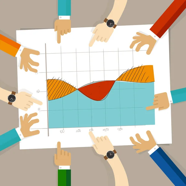 Zone de ligne chevauchement graphique. dessin à la main croquis analyse. membre de l'équipe travaillant ensemble discuter dans une réunion mains pointant vers le papier — Image vectorielle