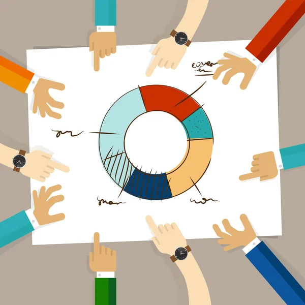 Donut cirkel grafiek hand tekenen van de schets analyse. lid van het team samen werken bespreken in een vergadering handen wijzen op papier — Stockvector