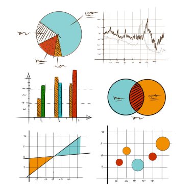 iş ve istatistik eğitim venn şeması bar pasta ve dağınık kurşun alanı gibi el çizim grafik grafik koleksiyonu ayarla