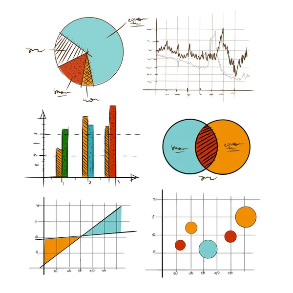 Mão desenho gráfico coleção gráfica definido para negócios e educação estatística, tais como venn-diagrama bar torta e área de bala dispersa — Vetor de Stock