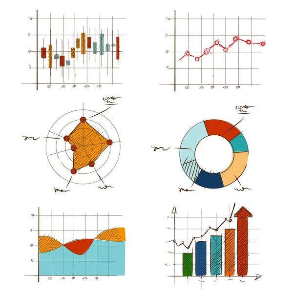 Ręka rysunek wykres graficzny kolekcja zestaw dla edukacji biznesowej i statystyki takie jak radar, Świecznik, Pączek, linii i bar — Wektor stockowy
