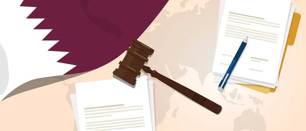 Ley de Qatar Constitución Sentencia legal Legislación de justicia Concepto de juicio utilizando papel martillo bandera y pluma — Archivo Imágenes Vectoriales