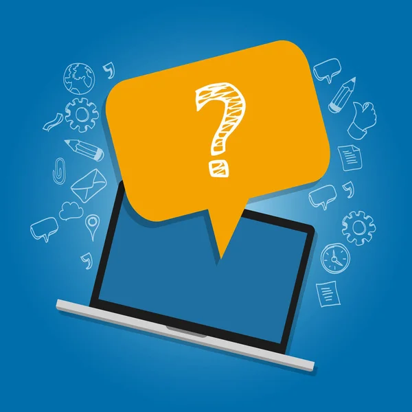 Fragezeichen bei Laptop-Umfrage häufig gestellte Fragen technische Unterstützung — Stockvektor