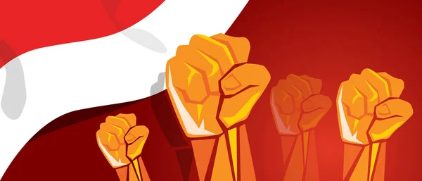 Hareket birlikte Bağımsızlık günü el yumruk kol Endonezya bayrak kırmızı beyaz — Stok Vektör