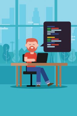 Coding programming script man with beard t-shirt sitting working on laptop on table vector clipart svg vector 