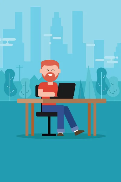 Freelance homme de plein air avec barbe t-shirt assis travaillant sur ordinateur portable sur la table — Image vectorielle