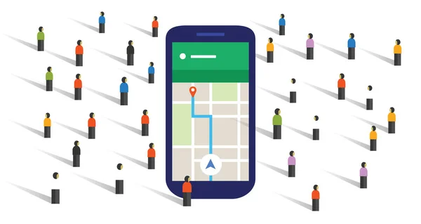 Menigte navigatie kaart scherm grote smart-phone mobiele openbare samen richting — Stockvector