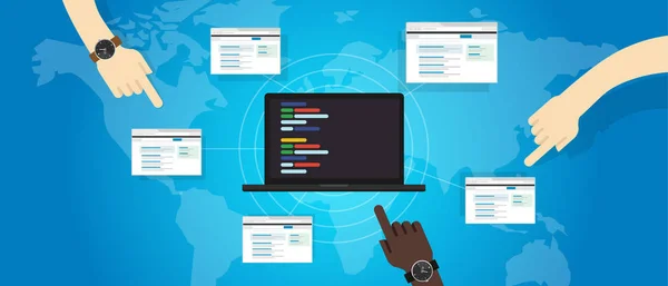 Web programmation collaboration équipe ligne de code main ensemble plusieurs page web ligne de code dans un ordinateur portable — Image vectorielle