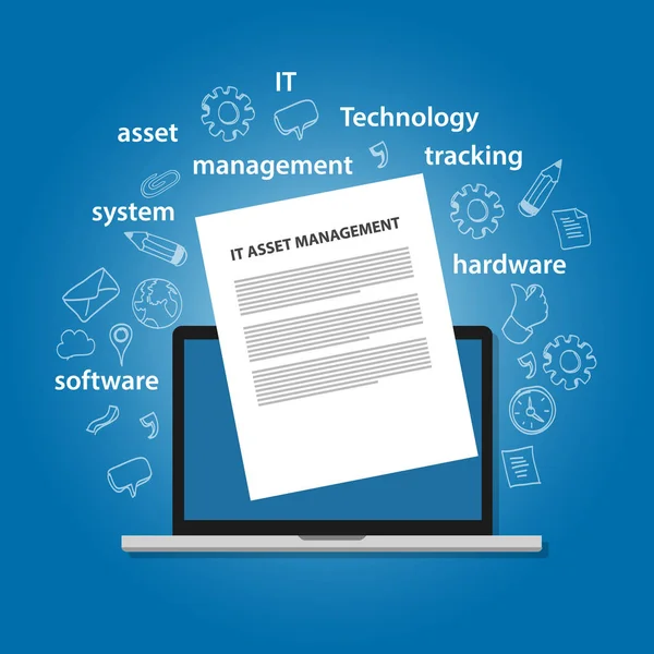 Gestion des actifs informatiques ou concept ITAM de gestion des ressources informatiques dans l'entreprise tels que les logiciels matériels — Image vectorielle