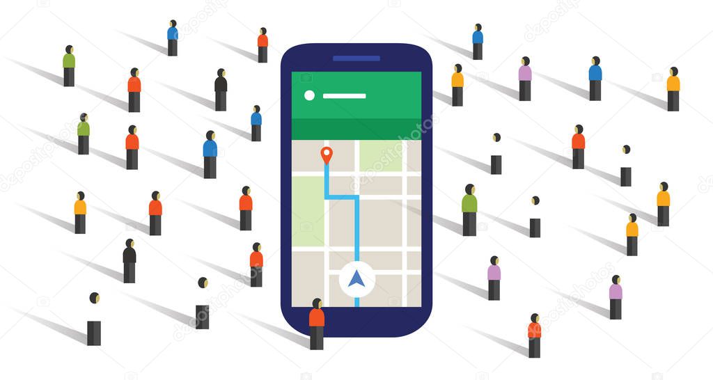 crowd navigation map screen big smart-phone mobile public together direction
