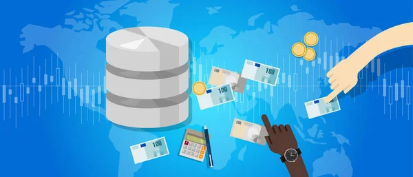 Big data monetizzazione vendita database pagare con i soldi per la catena di blocco online mondo di archiviazione — Vettoriale Stock