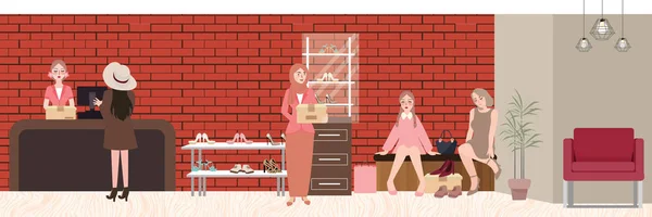 Femme gens acheter des chaussures en magasin essayer dans le centre commercial vectoriel illustration femme acheteur consumérisme en rack attente dans le comptoir — Image vectorielle