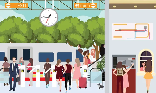 Estación de tren ocupado escena personas en carrera esperando en puerta urbana viajero comprar billete — Vector de stock