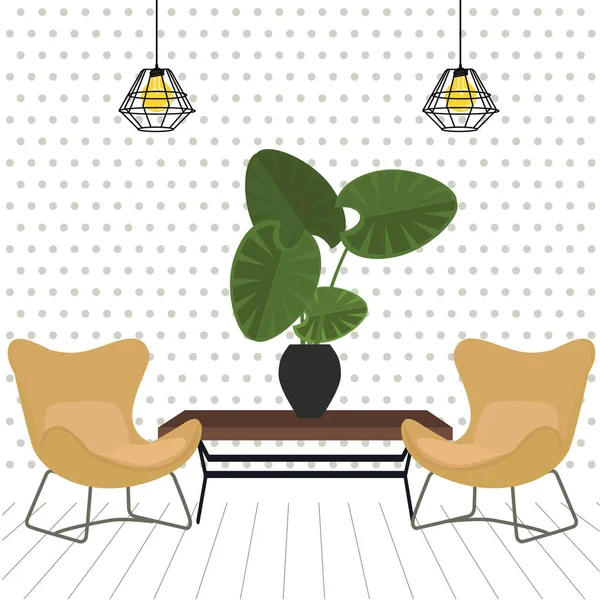 Лофт с двумя расслабляющими удобными креслами современного дизайна со столом и растительным минимализмом — стоковый вектор