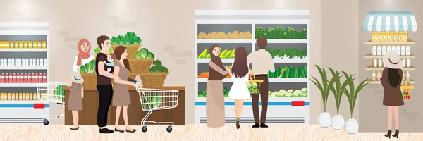 Tienda de comestibles lugar interior ilustración de ocupado supermercado con personas de sexo masculino y femenino familia comprar verduras tienda minorista tienda de alimentos producto saludable — Vector de stock