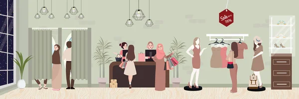 Moda al por menor mujer comprar ropa en tienda comercial boutique dentro de comercio vectorial ilustración de compras — Vector de stock