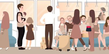 meşgul içinde duran ve acele saat erkek ve dişi vektör karikatür çizim içinde toplu taşıma kullanan kişiler oturan yolcu banliyö dolu tren