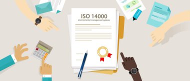 ISO 14000 management environmental standards business compliance to international organization hand audit check document clipart