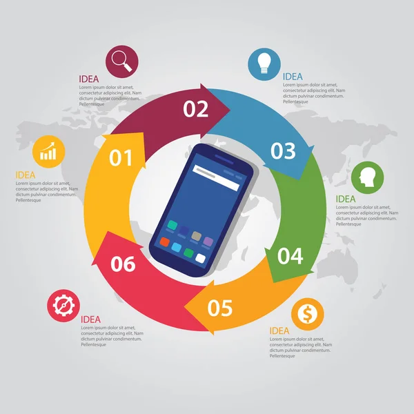 Telefone inteligente móvel tecnologia de comunicação modelo info-gráfico cor brilhante círculo flecha passos circulares com mapa — Vetor de Stock