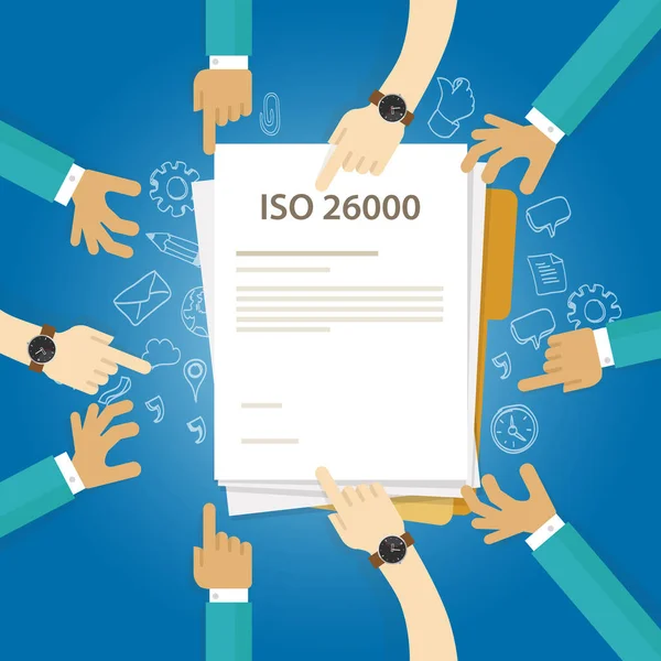 ISO 26000 samhällsansvar standard business medgörlighet till internationell organisation hand revision kontrollera dokument — Stock vektor