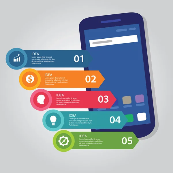 5 stappen pijl info-graphic business volledige proceskleur van smart-phone gadget communicatie technologie mobiel apparaat — Stockvector