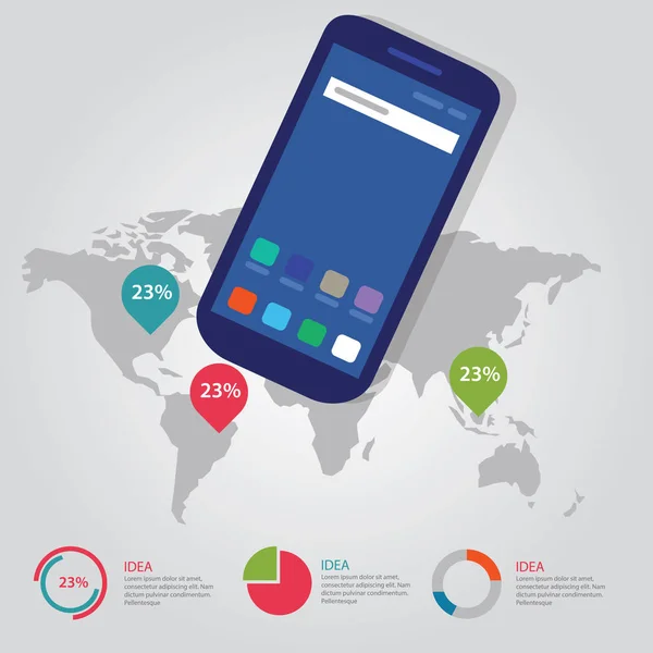 Mappamondo puntatore globale info-grafico internazionale processo di business a colori di smart-phone gadget tecnologia di comunicazione dispositivo mobile — Vettoriale Stock
