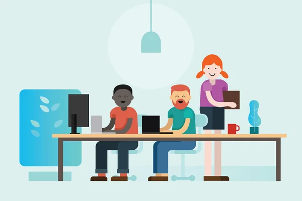 Samen werken mensen die werkzaam zijn op hun laptop samen start-up bedrijf samenwerking platte cartoon afbeelding — Stockvector